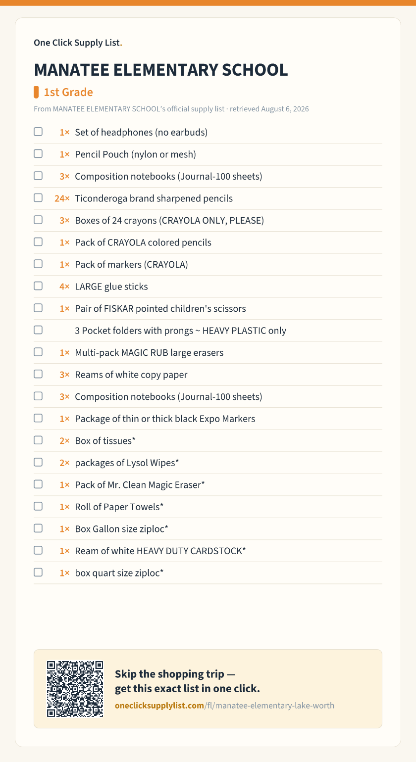 MANATEE ELEMENTARY SCHOOL 1st Grade supply list — printable image