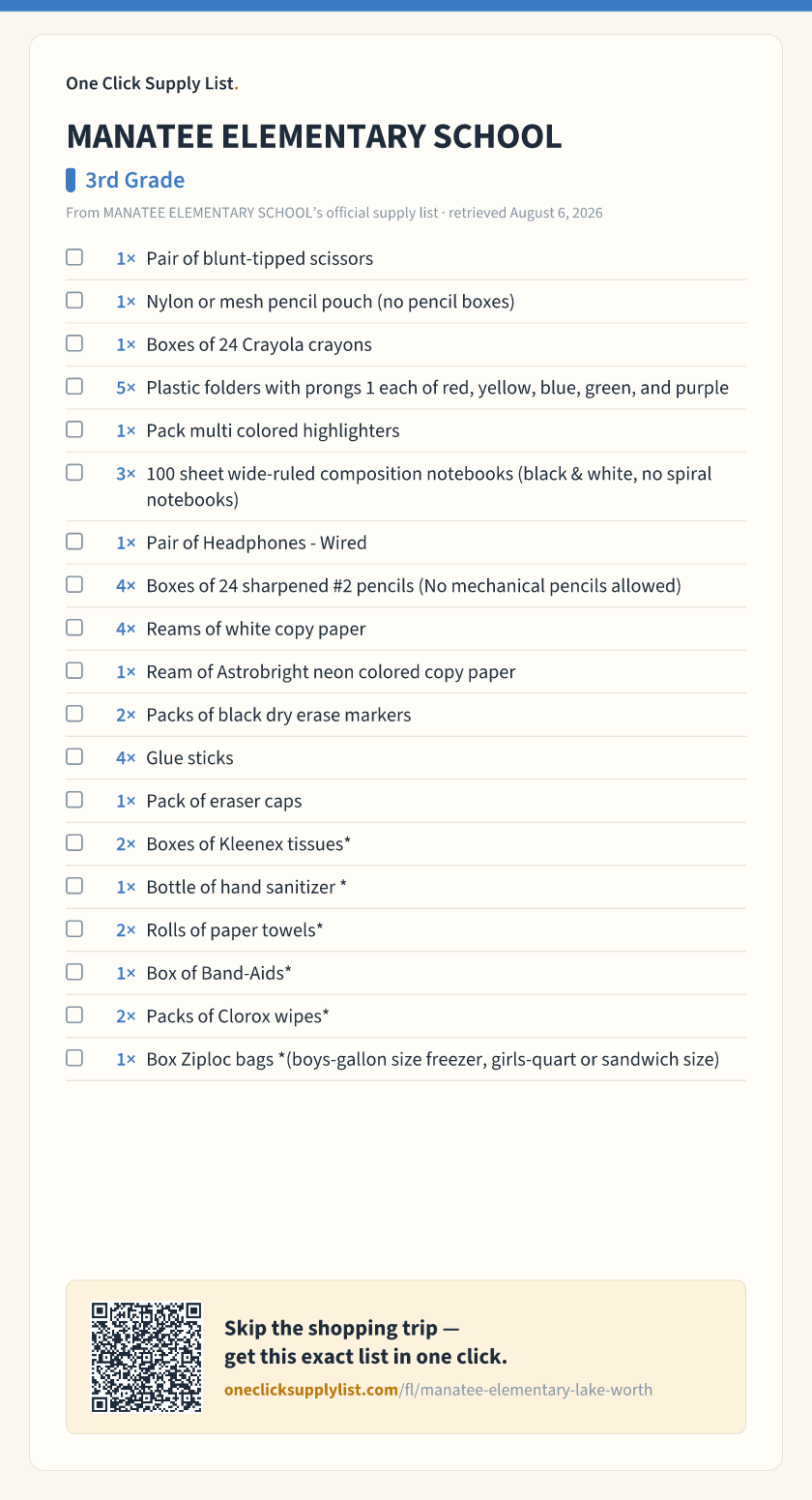 MANATEE ELEMENTARY SCHOOL 3rd Grade supply list — printable image