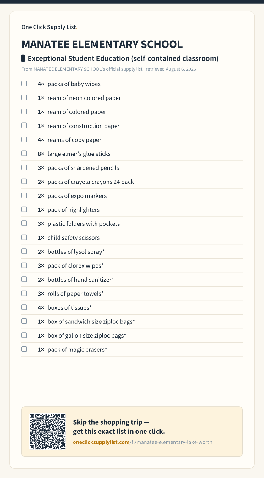 MANATEE ELEMENTARY SCHOOL Exceptional Student Education (self-contained classroom) supply list — printable image
