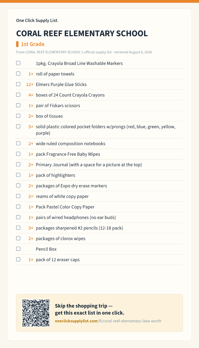 CORAL REEF ELEMENTARY SCHOOL 1st Grade supply list — printable image