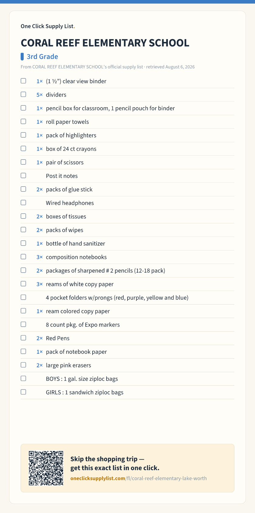 CORAL REEF ELEMENTARY SCHOOL 3rd Grade supply list — printable image