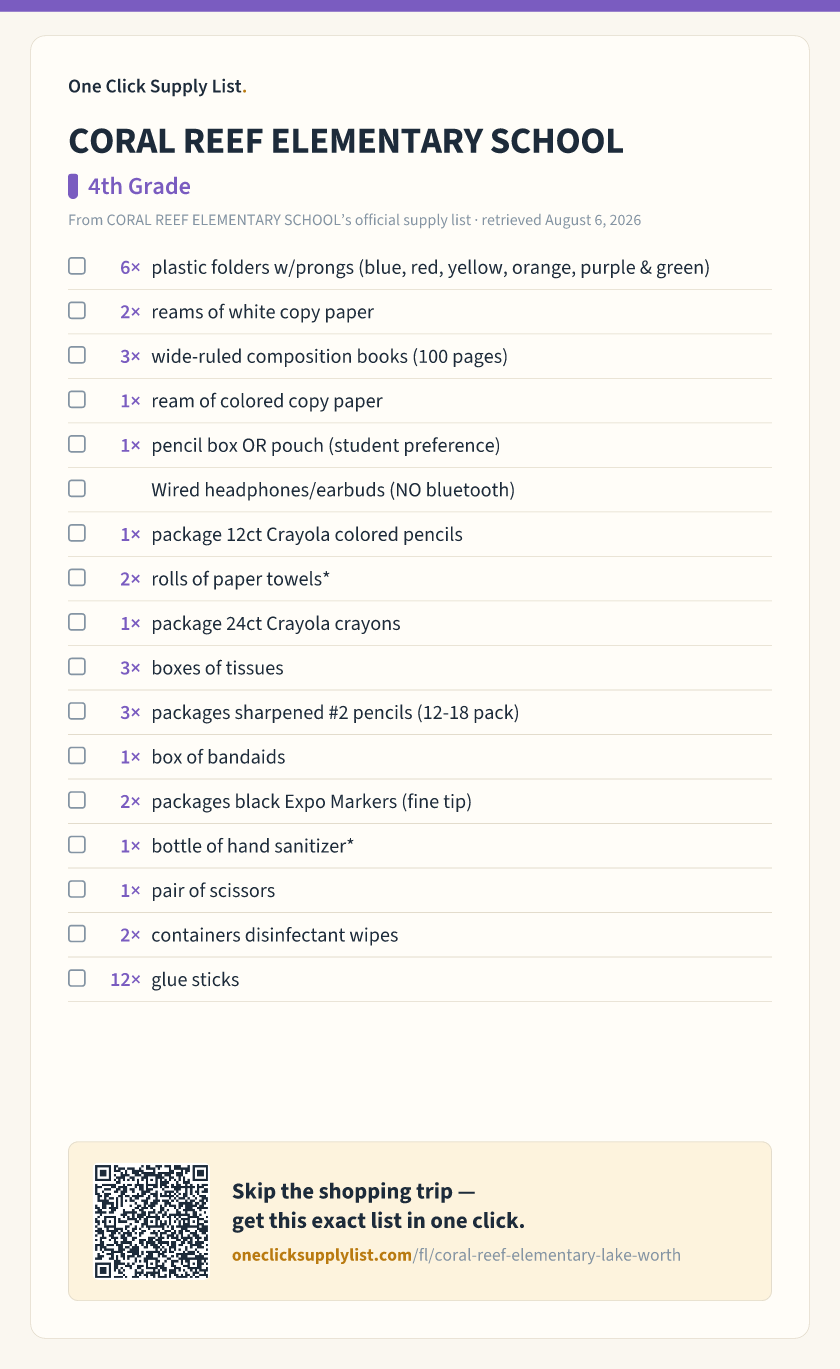 CORAL REEF ELEMENTARY SCHOOL 4th Grade supply list — printable image