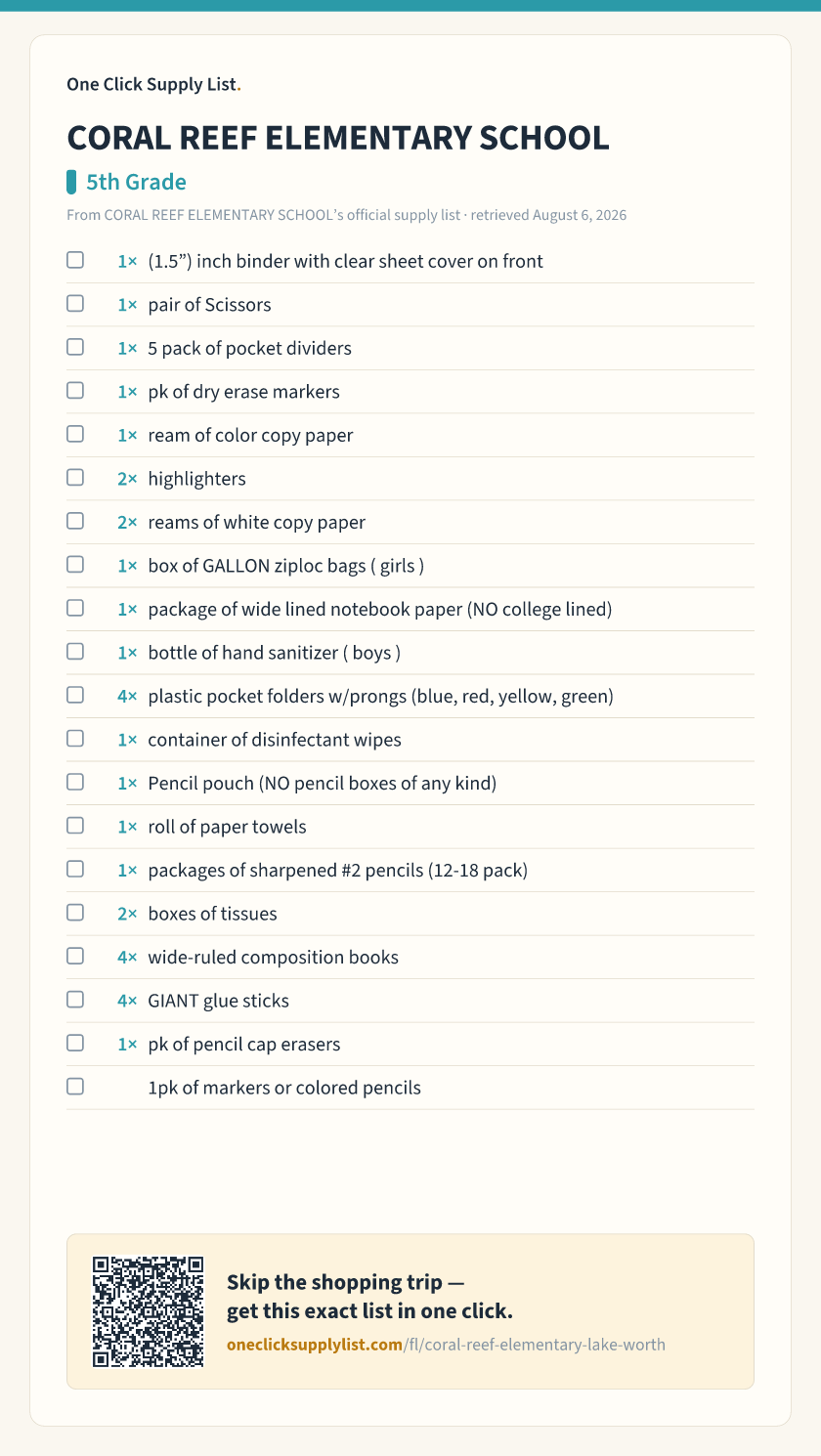 CORAL REEF ELEMENTARY SCHOOL 5th Grade supply list — printable image