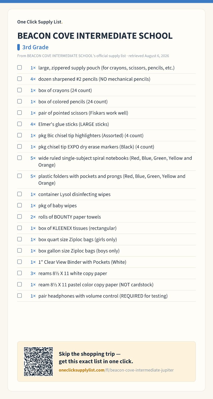 BEACON COVE INTERMEDIATE SCHOOL 3rd Grade supply list — printable image