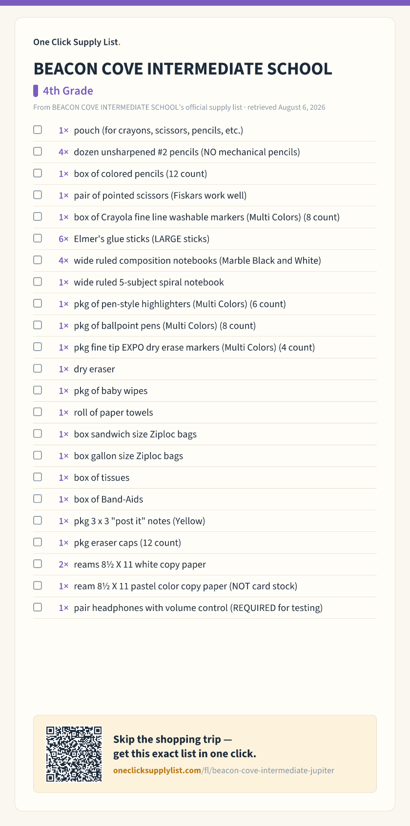 BEACON COVE INTERMEDIATE SCHOOL 4th Grade supply list — printable image