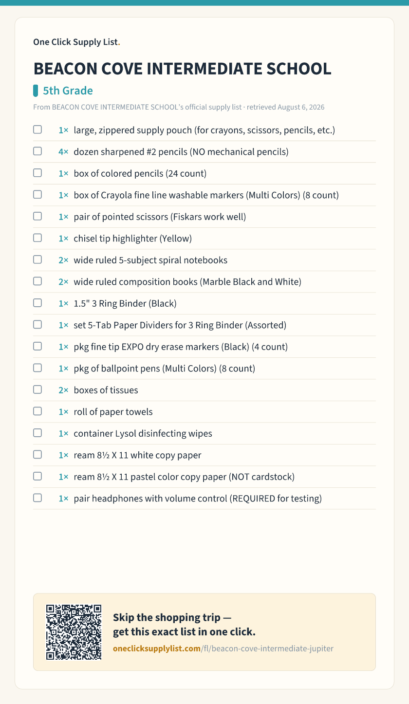 BEACON COVE INTERMEDIATE SCHOOL 5th Grade supply list — printable image