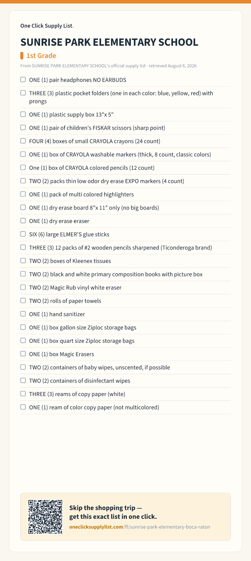 SUNRISE PARK ELEMENTARY SCHOOL 1st Grade supply list — printable image