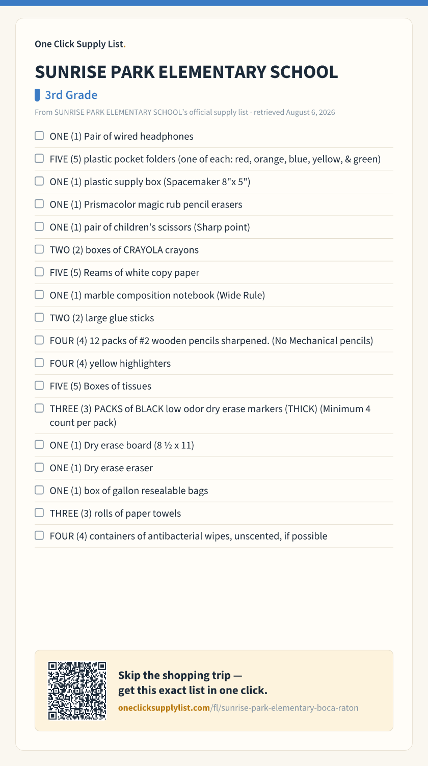 SUNRISE PARK ELEMENTARY SCHOOL 3rd Grade supply list — printable image
