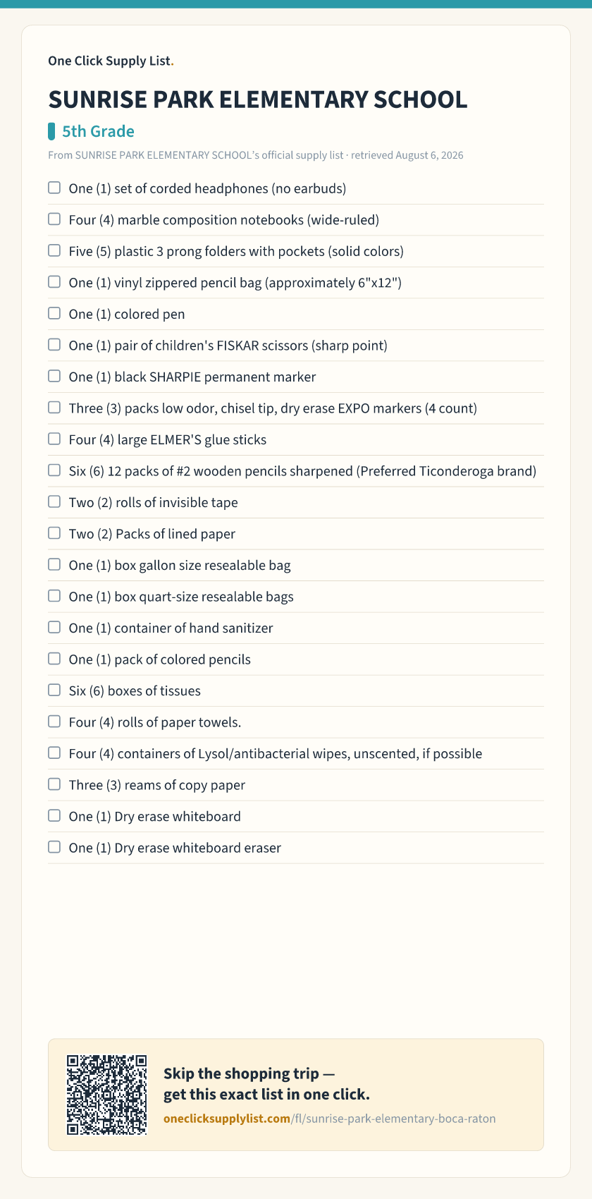 SUNRISE PARK ELEMENTARY SCHOOL 5th Grade supply list — printable image