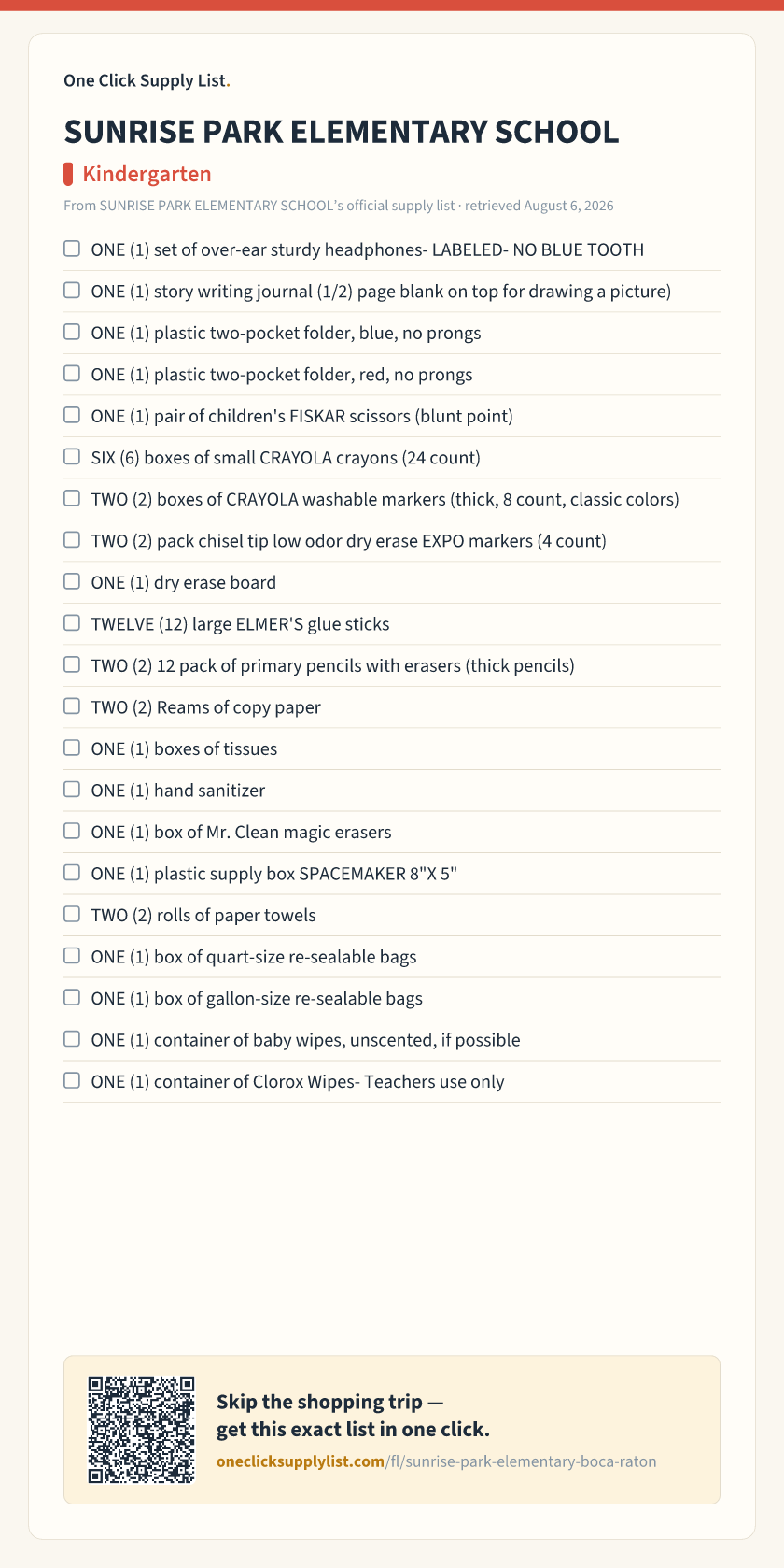 SUNRISE PARK ELEMENTARY SCHOOL Kindergarten supply list — printable image