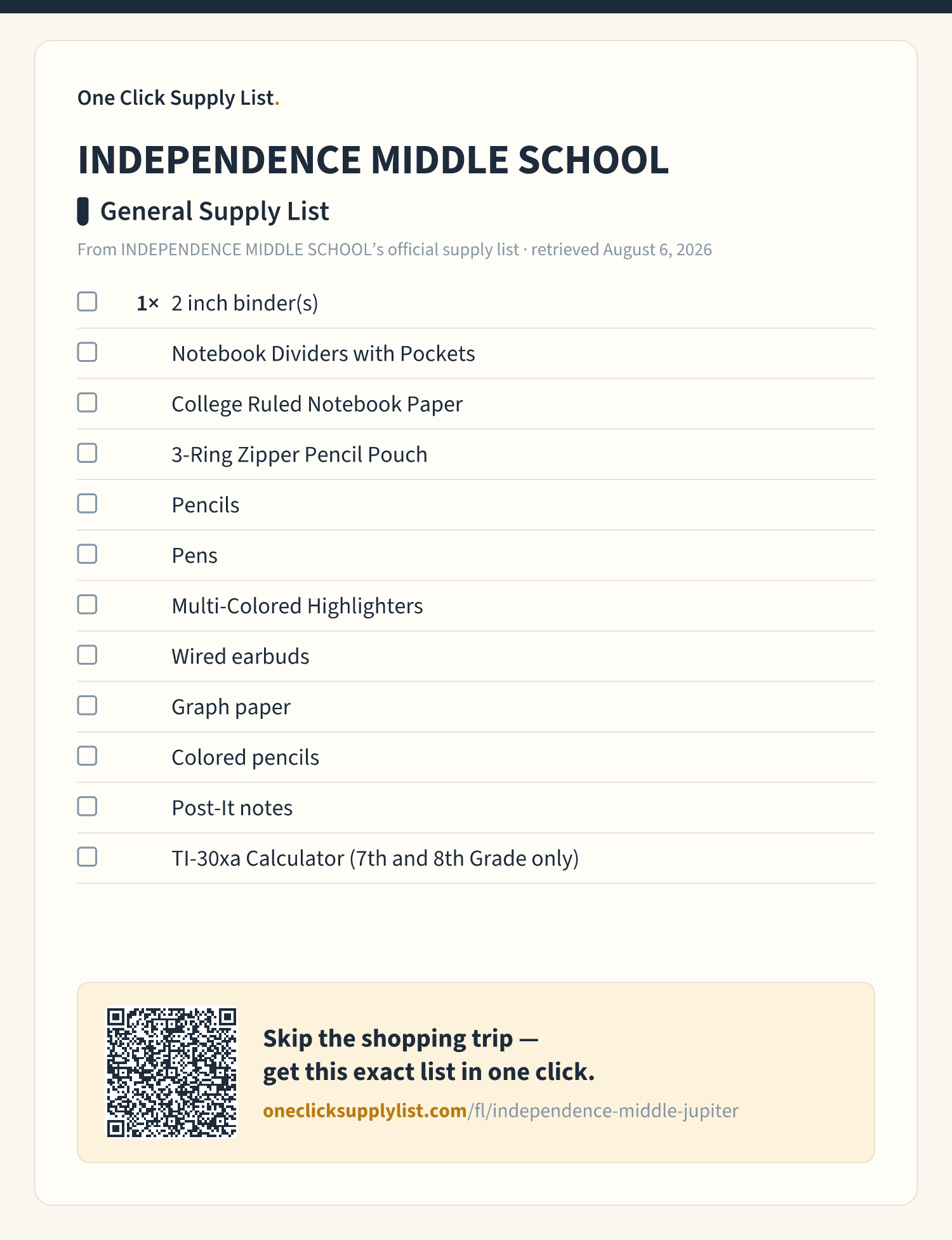INDEPENDENCE MIDDLE SCHOOL General Supply List supply list — printable image