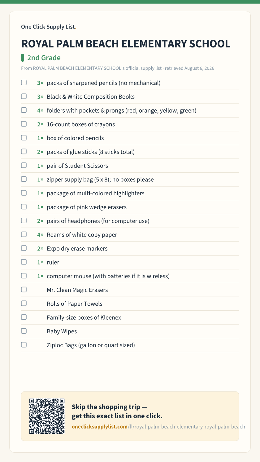 ROYAL PALM BEACH ELEMENTARY SCHOOL 2nd Grade supply list — printable image