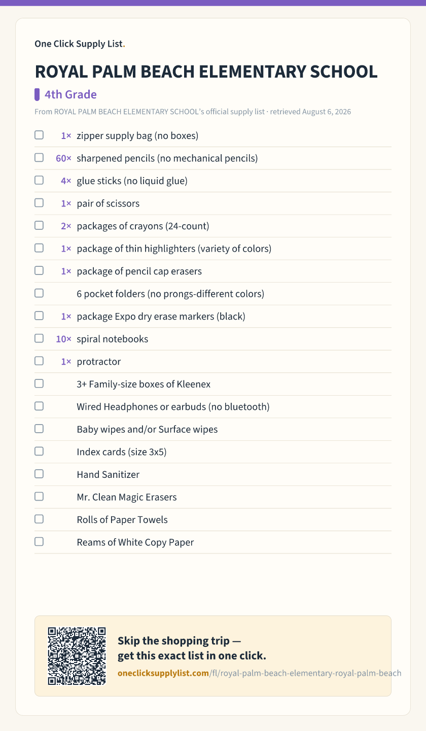 ROYAL PALM BEACH ELEMENTARY SCHOOL 4th Grade supply list — printable image