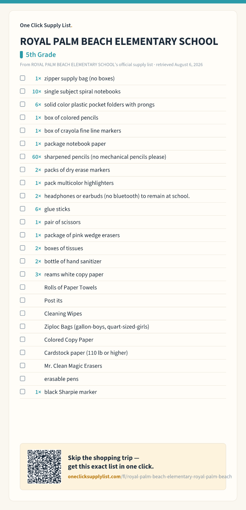 ROYAL PALM BEACH ELEMENTARY SCHOOL 5th Grade supply list — printable image