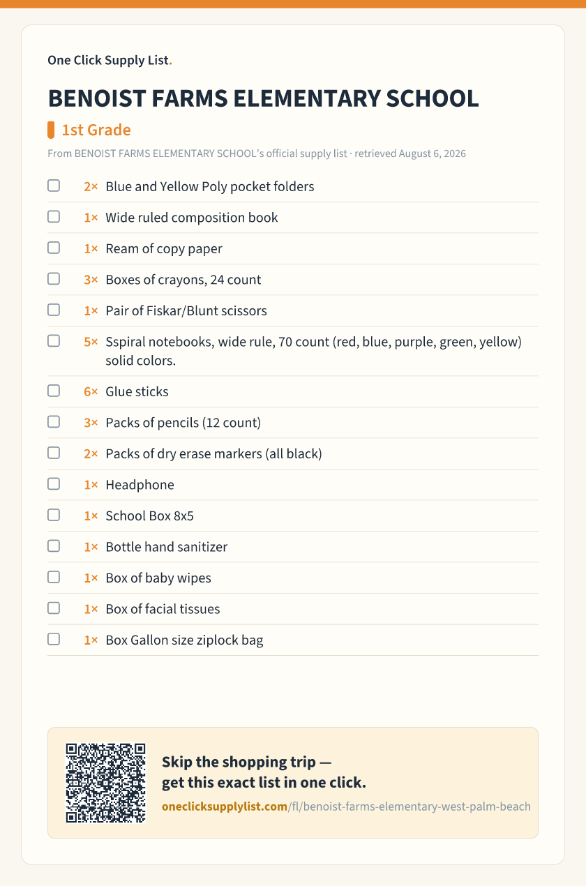 BENOIST FARMS ELEMENTARY SCHOOL 1st Grade supply list — printable image