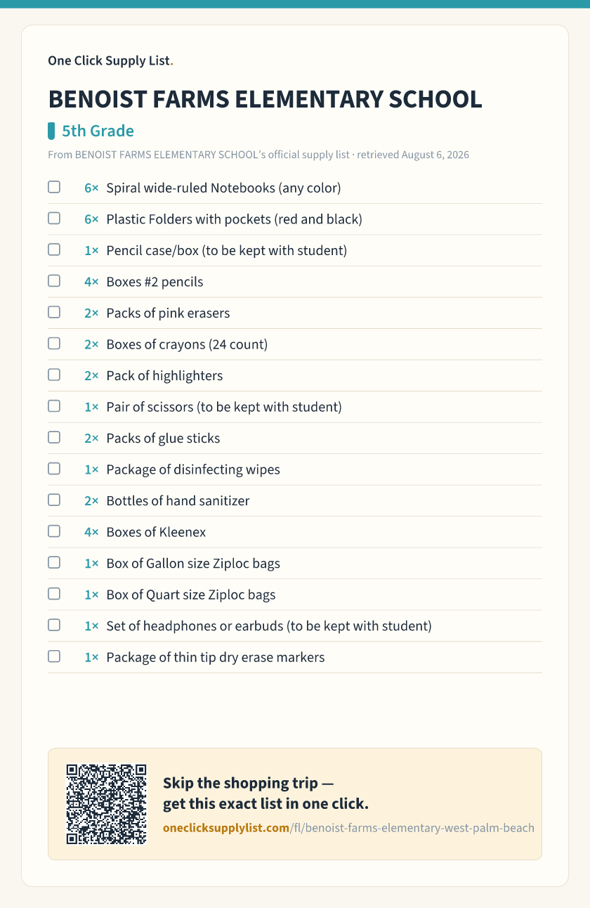 BENOIST FARMS ELEMENTARY SCHOOL 5th Grade supply list — printable image