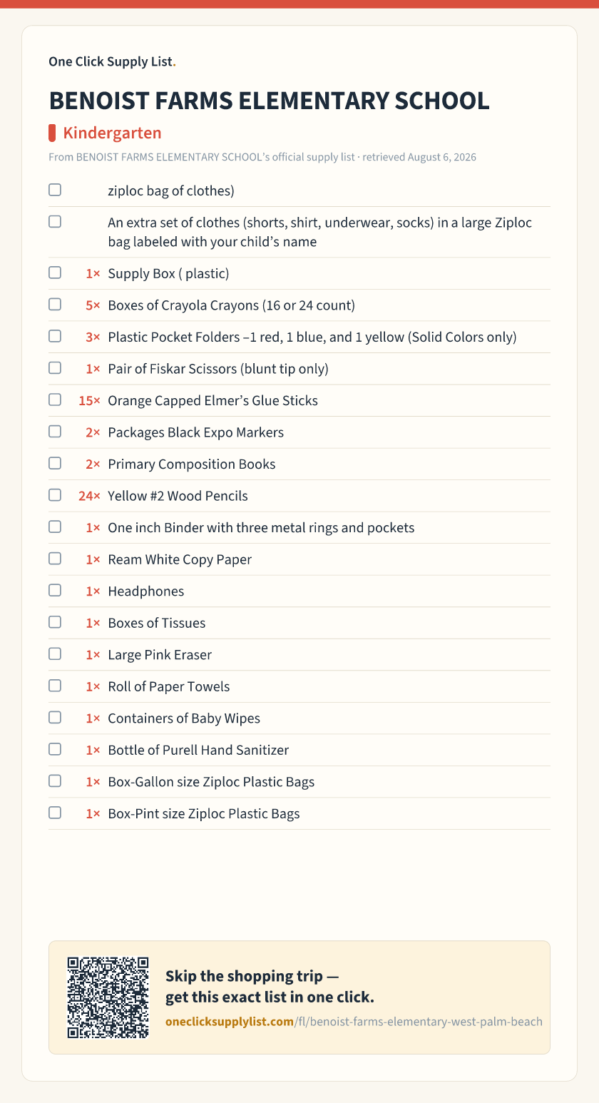 BENOIST FARMS ELEMENTARY SCHOOL Kindergarten supply list — printable image