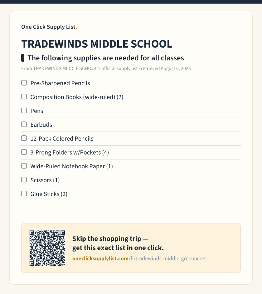 TRADEWINDS MIDDLE SCHOOL The following supplies are needed for all classes supply list — printable image