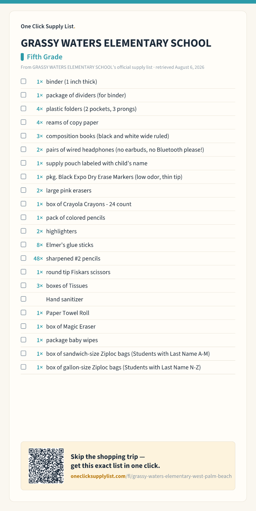 GRASSY WATERS ELEMENTARY SCHOOL Fifth Grade supply list — printable image
