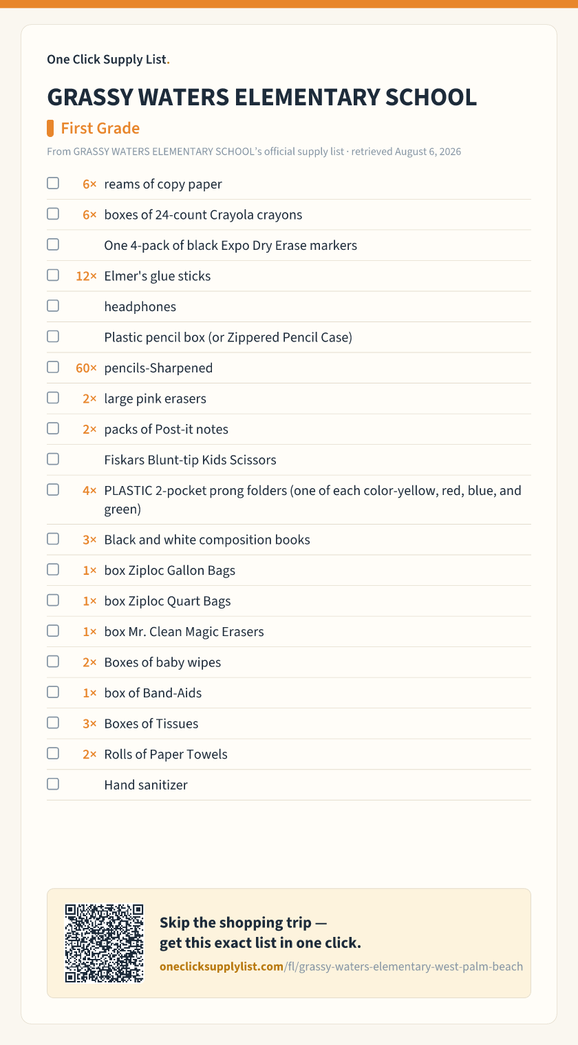 GRASSY WATERS ELEMENTARY SCHOOL First Grade supply list — printable image