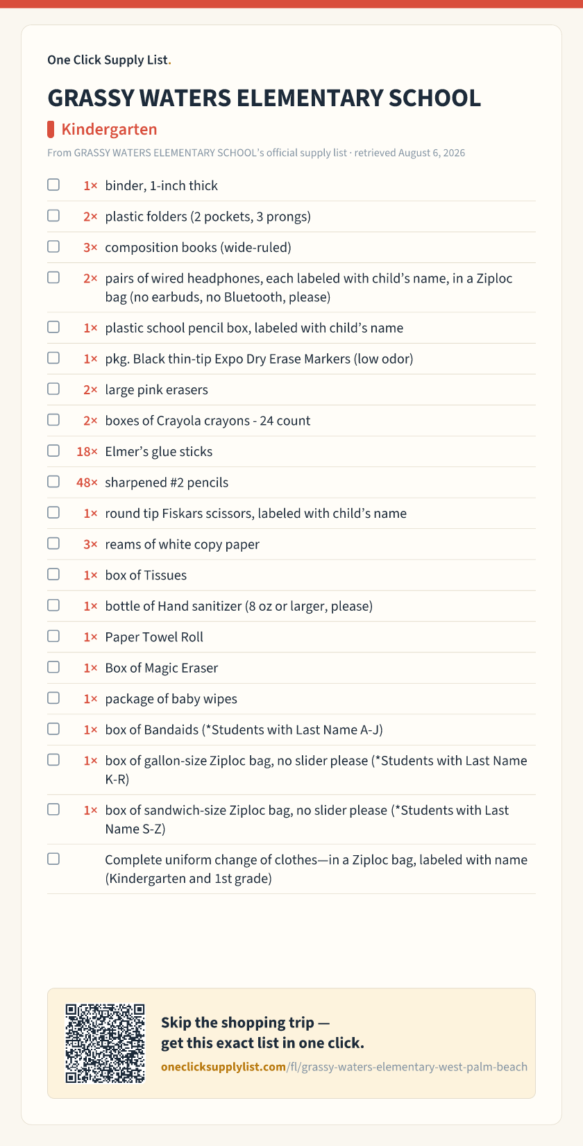 GRASSY WATERS ELEMENTARY SCHOOL Kindergarten supply list — printable image
