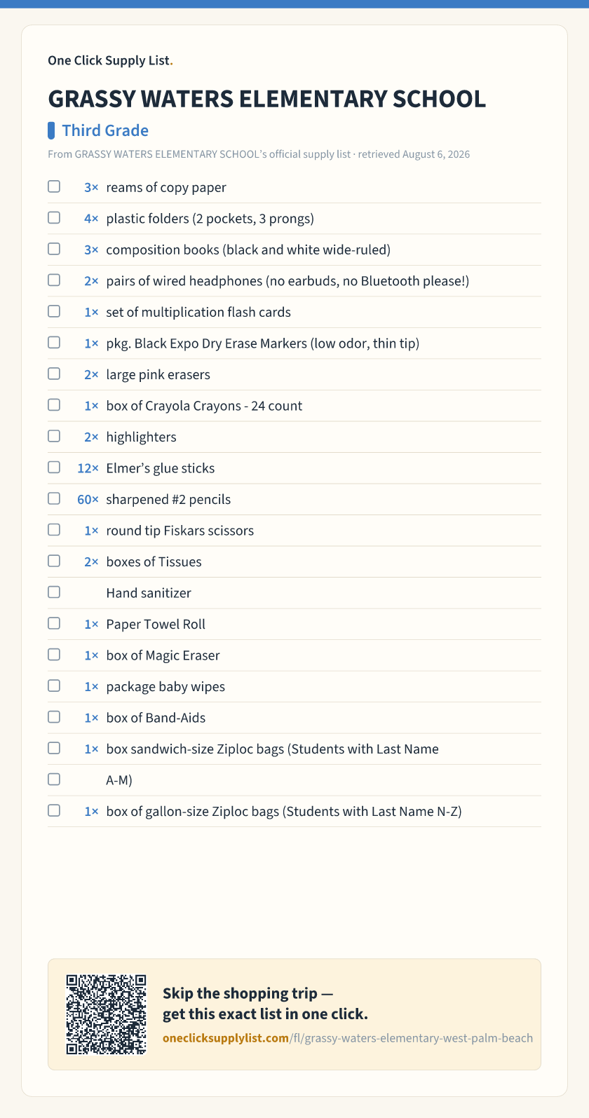 GRASSY WATERS ELEMENTARY SCHOOL Third Grade supply list — printable image