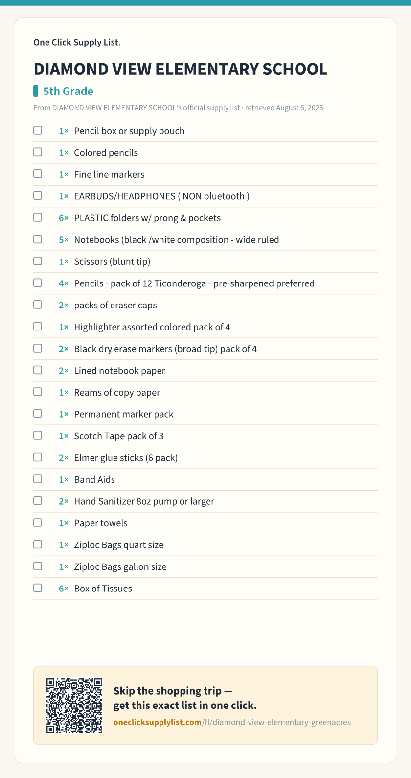 DIAMOND VIEW ELEMENTARY SCHOOL 5th Grade supply list — printable image