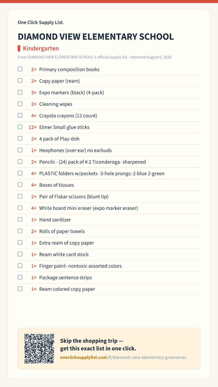 DIAMOND VIEW ELEMENTARY SCHOOL Kindergarten supply list — printable image