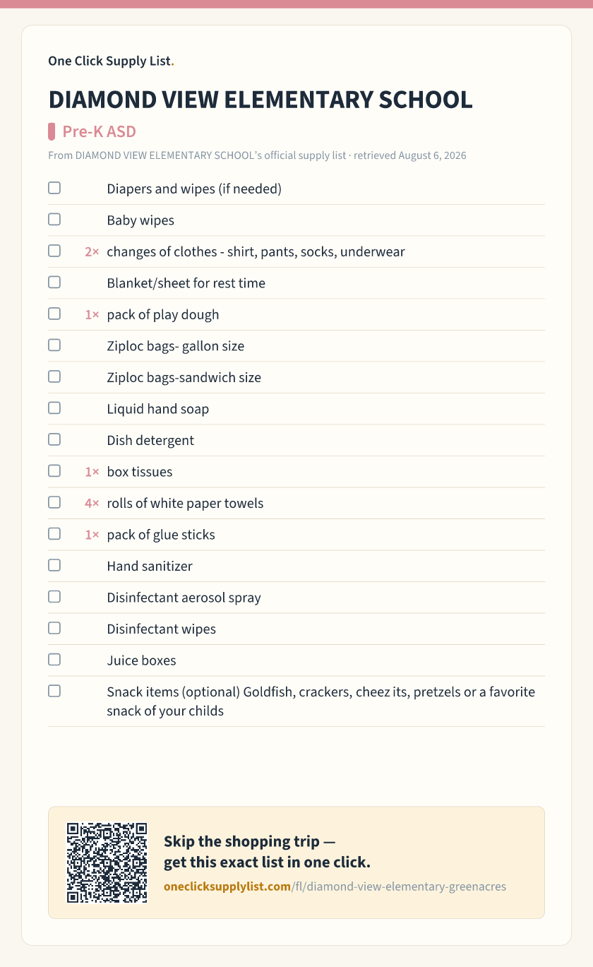 DIAMOND VIEW ELEMENTARY SCHOOL Pre-K ASD supply list — printable image
