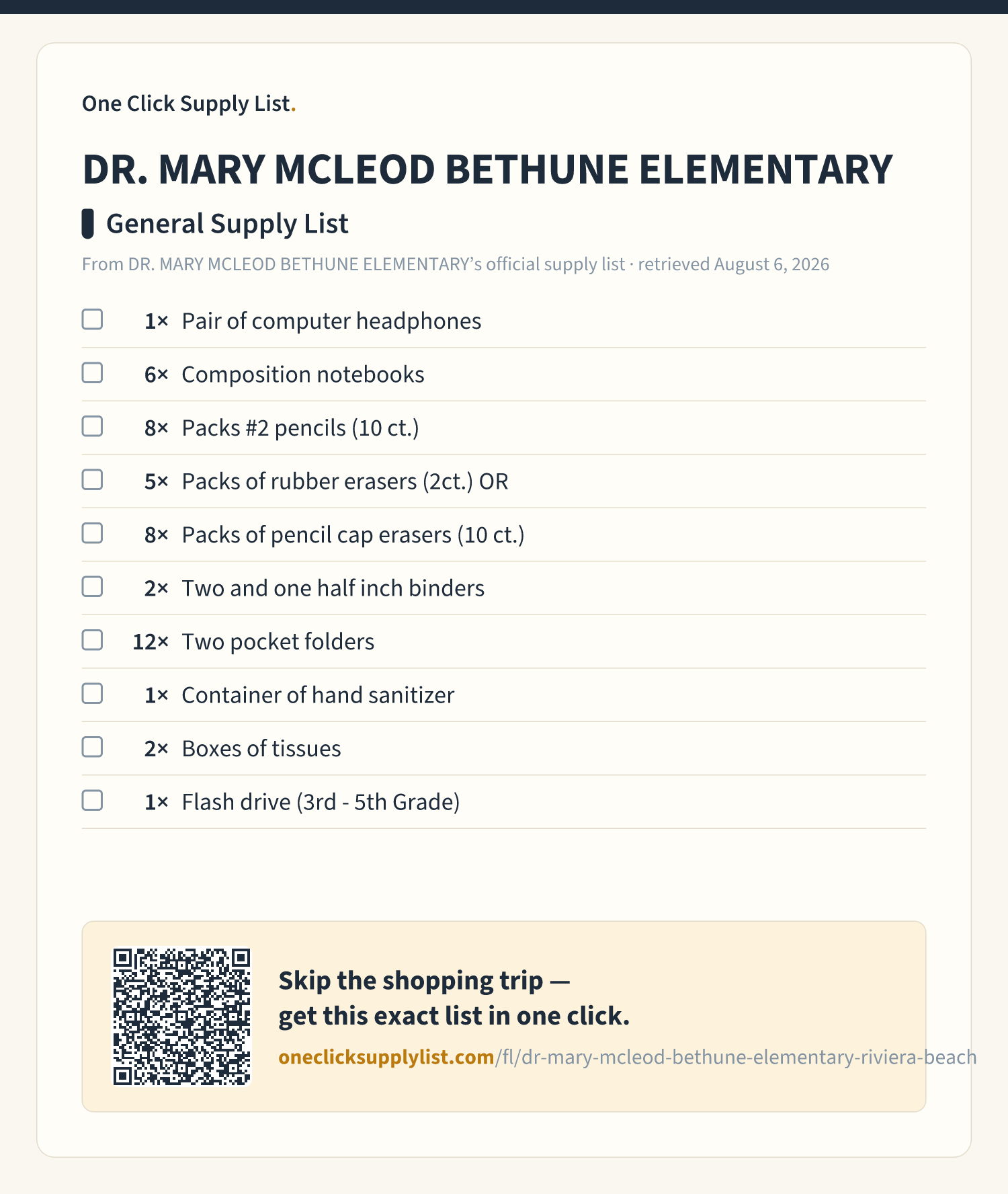 DR. MARY MCLEOD BETHUNE ELEMENTARY General Supply List supply list — printable image