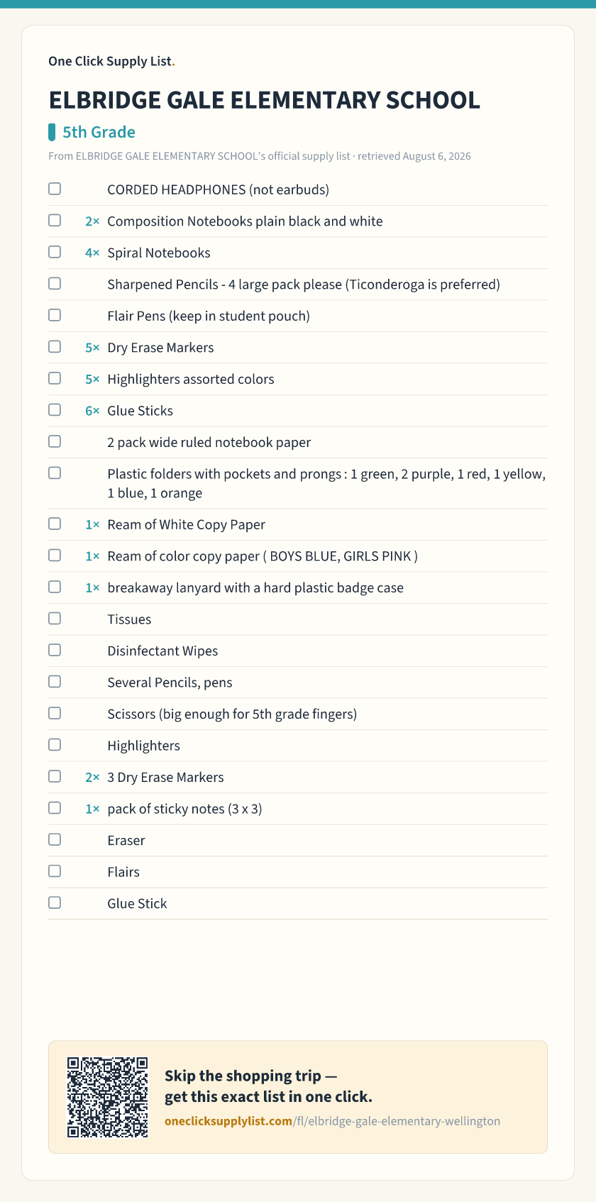 ELBRIDGE GALE ELEMENTARY SCHOOL 5th Grade supply list — printable image