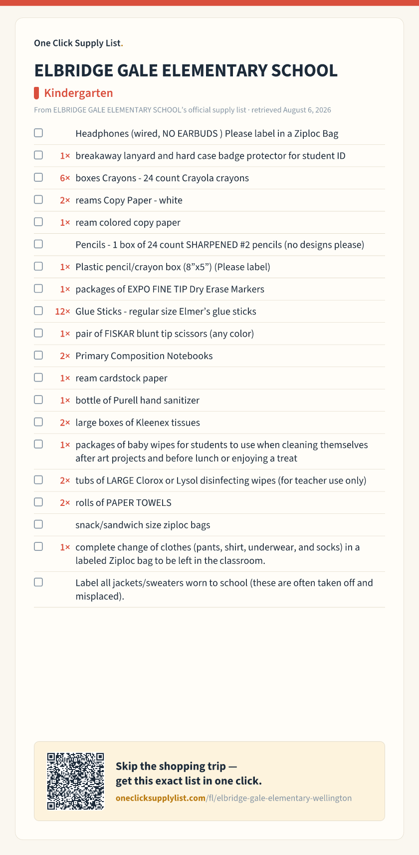 ELBRIDGE GALE ELEMENTARY SCHOOL Kindergarten supply list — printable image