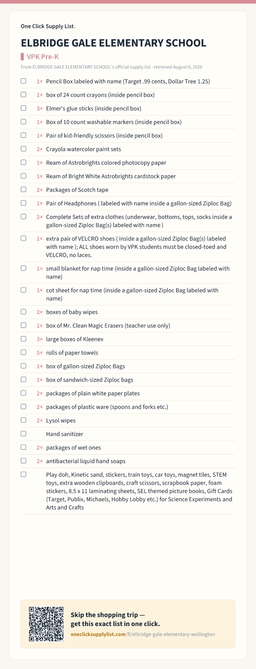 ELBRIDGE GALE ELEMENTARY SCHOOL VPK Pre-K supply list — printable image