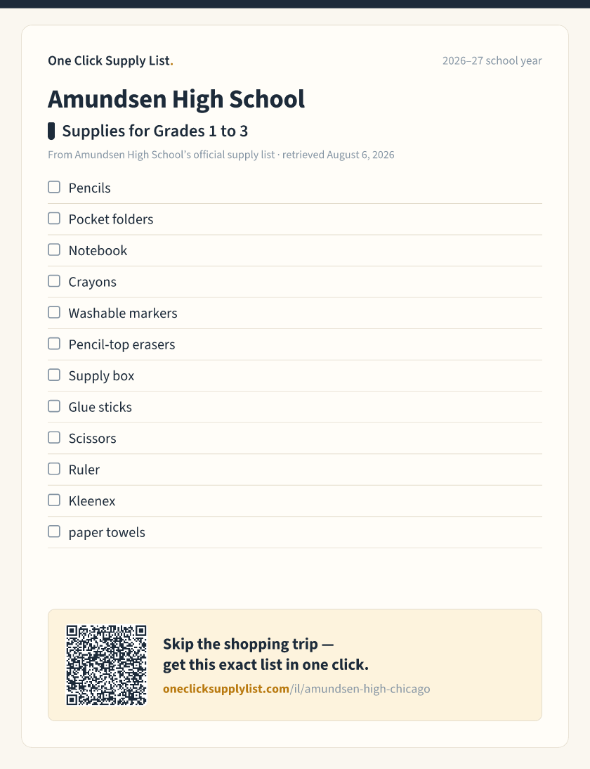 Amundsen High School Supplies for Grades 1 to 3 supply list — printable image