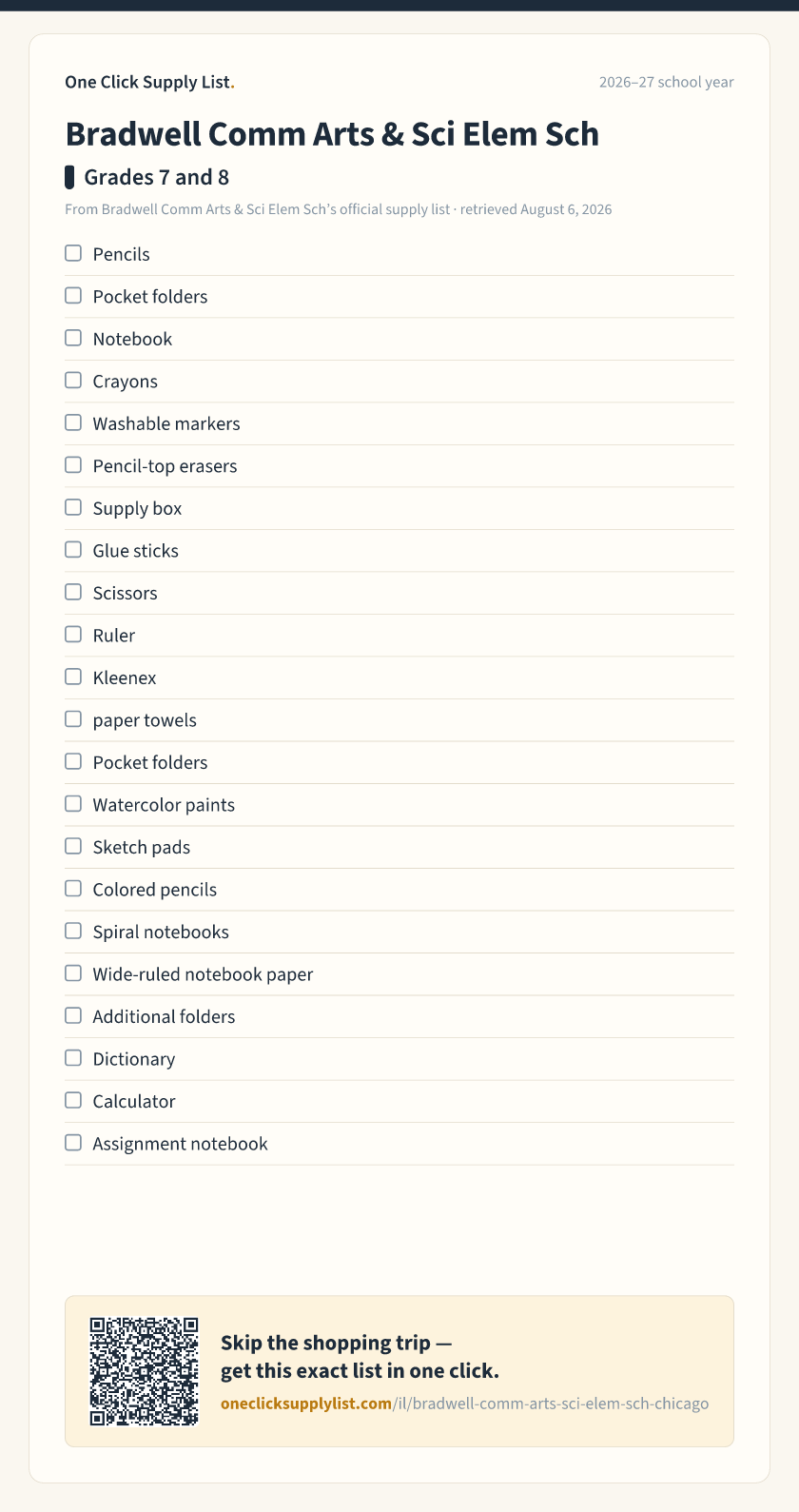 Bradwell Comm Arts & Sci Elem Sch Grades 7 and 8 supply list — printable image