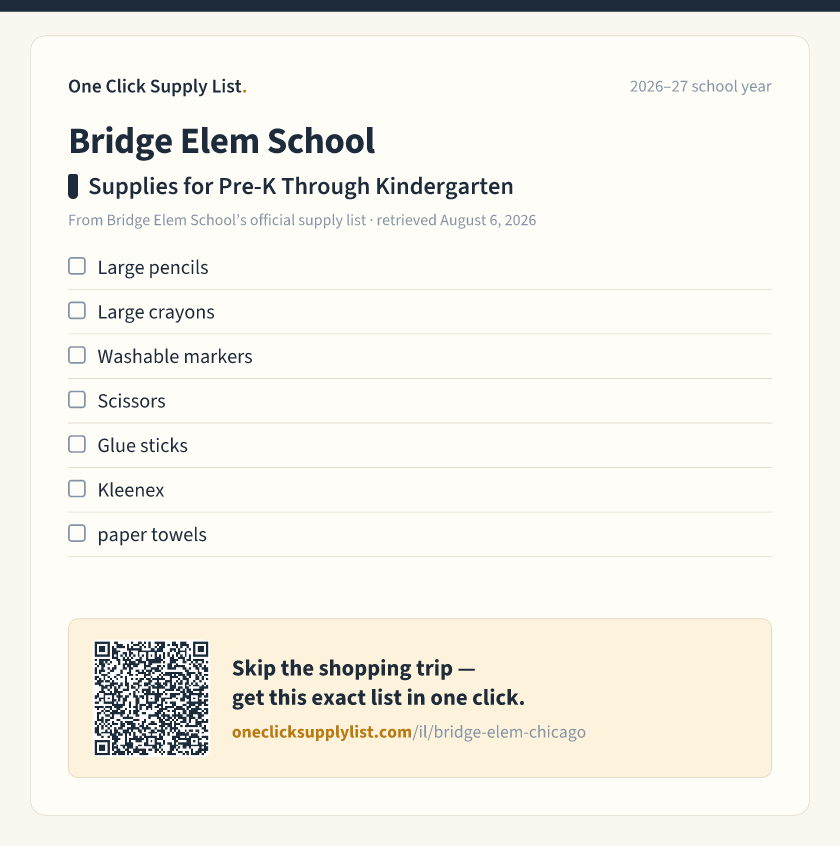 Bridge Elem School Supplies for Pre-K Through Kindergarten supply list — printable image