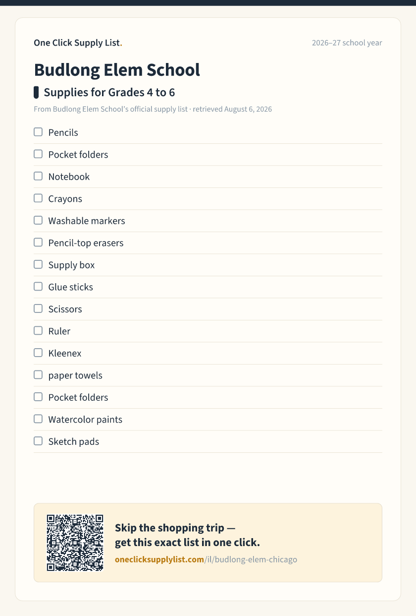 Budlong Elem School Supplies for Grades 4 to 6 supply list — printable image