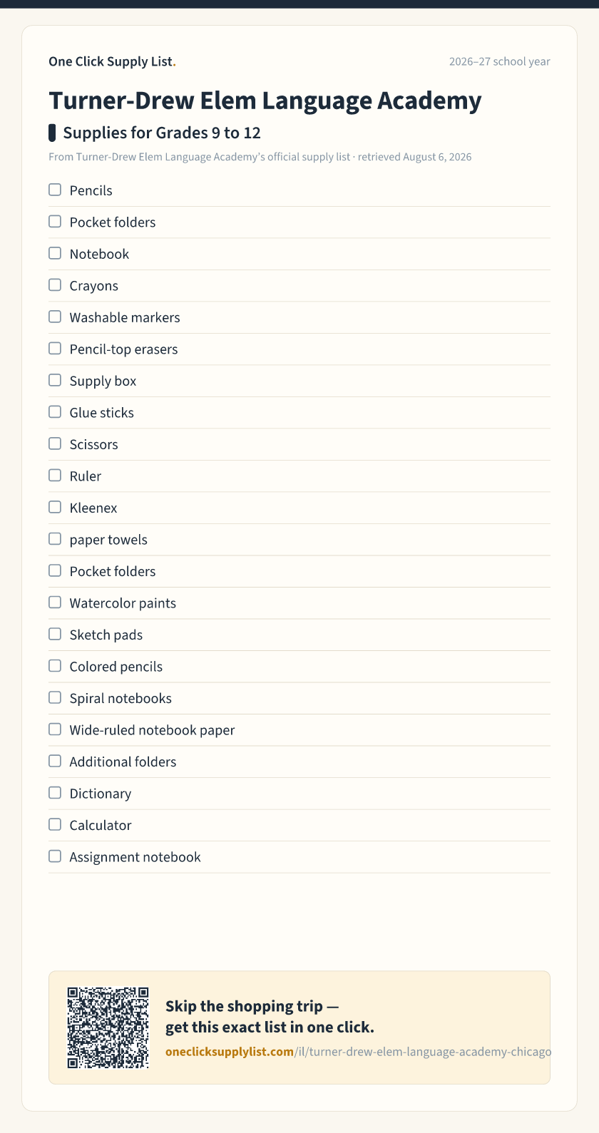 Turner-Drew Elem Language Academy Supplies for Grades 9 to 12 supply list — printable image