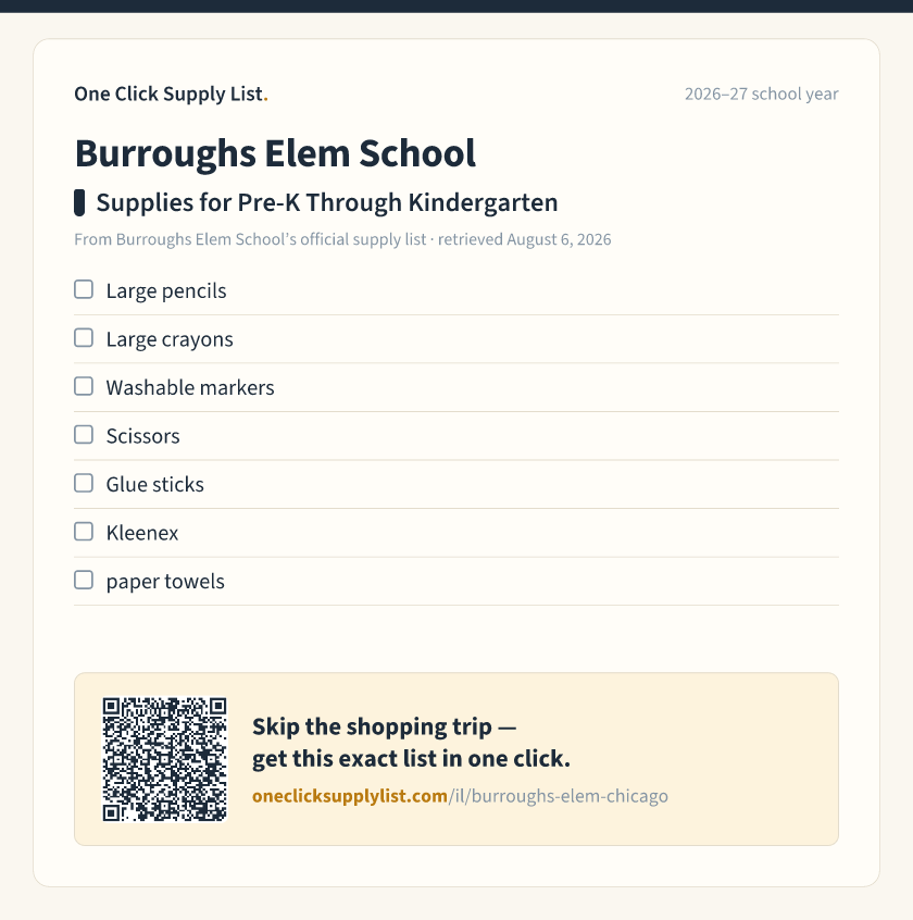 Burroughs Elem School Supplies for Pre-K Through Kindergarten supply list — printable image