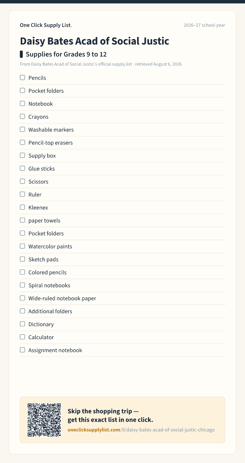 Daisy Bates Acad of Social Justic Supplies for Grades 9 to 12 supply list — printable image