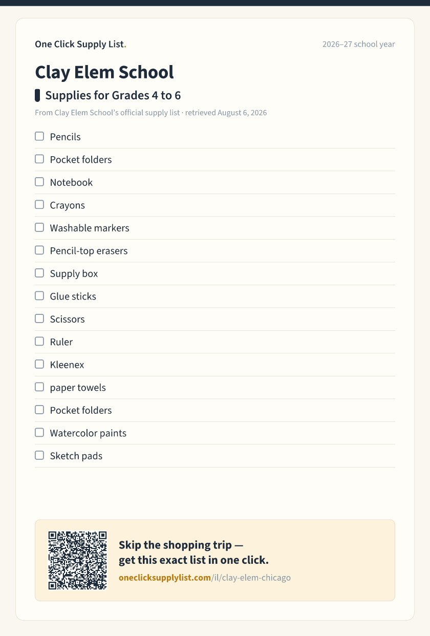 Clay Elem School Supplies for Grades 4 to 6 supply list — printable image