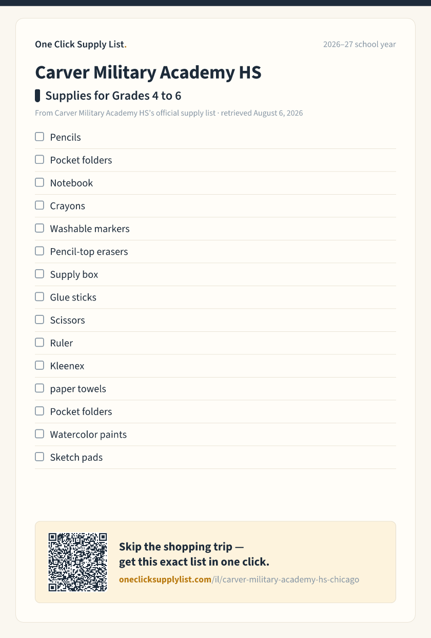 Carver Military Academy HS Supplies for Grades 4 to 6 supply list — printable image
