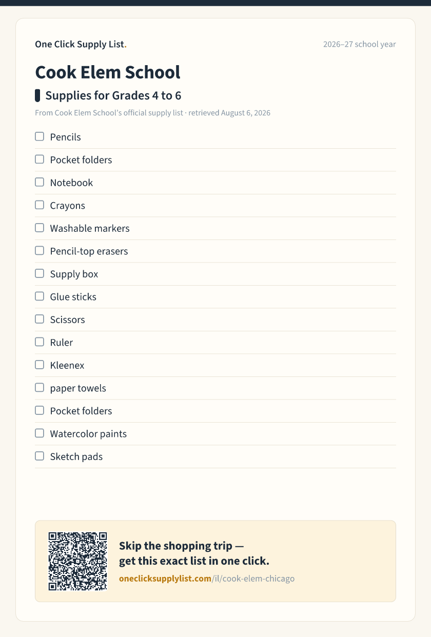 Cook Elem School Supplies for Grades 4 to 6 supply list — printable image