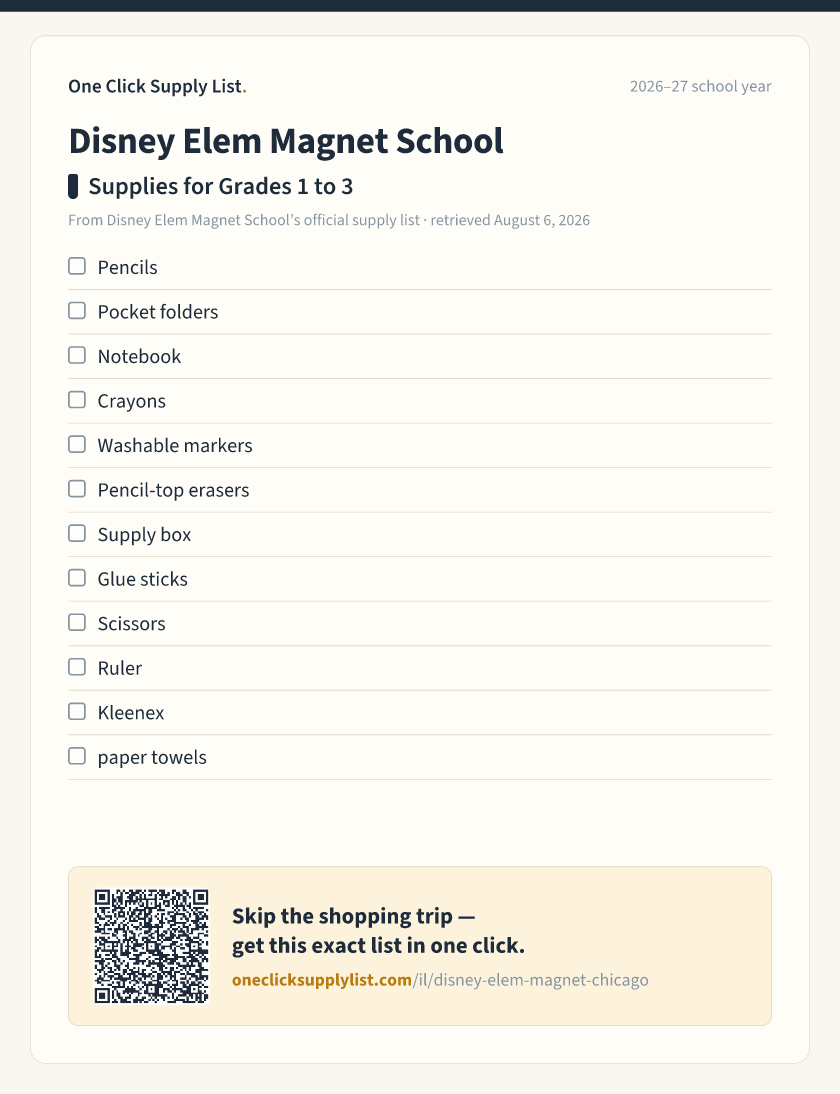 Disney Elem Magnet School Supplies for Grades 1 to 3 supply list — printable image