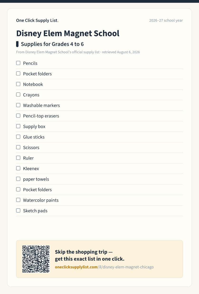 Disney Elem Magnet School Supplies for Grades 4 to 6 supply list — printable image