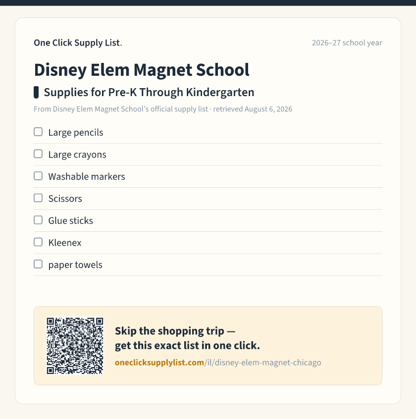Disney Elem Magnet School Supplies for Pre-K Through Kindergarten supply list — printable image