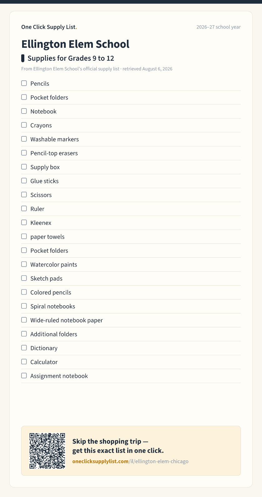 Ellington Elem School Supplies for Grades 9 to 12 supply list — printable image