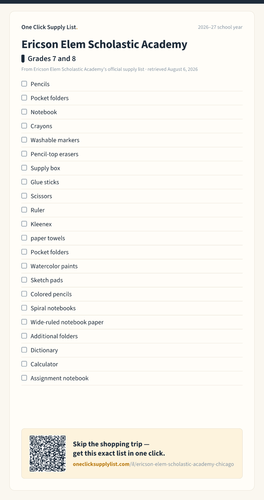 Ericson Elem Scholastic Academy Grades 7 and 8 supply list — printable image