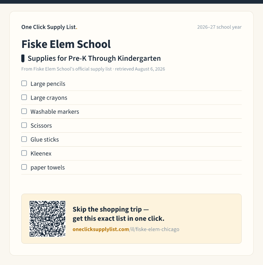 Fiske Elem School Supplies for Pre-K Through Kindergarten supply list — printable image