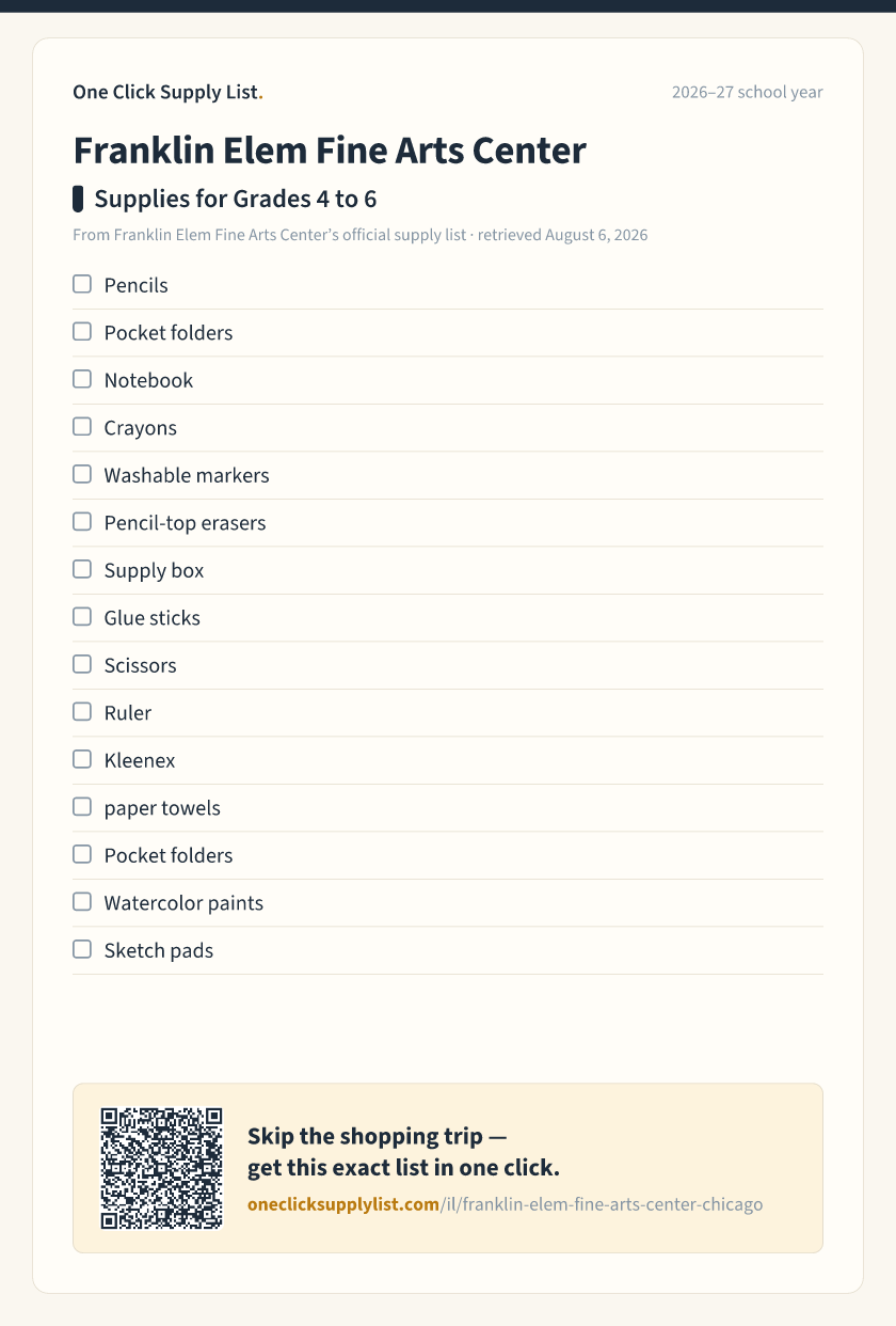 Franklin Elem Fine Arts Center Supplies for Grades 4 to 6 supply list — printable image
